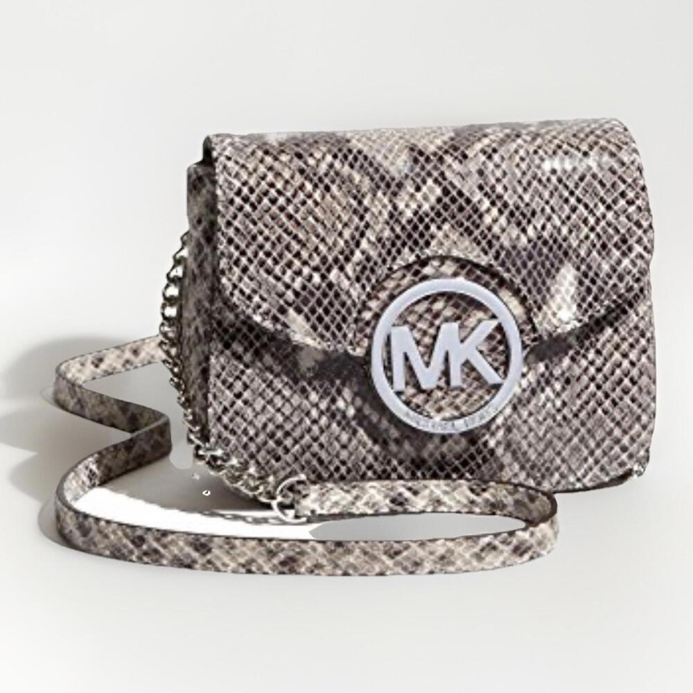 Michael Kors Crossbody Bag Fulton Perl Gray Snakeskin Chain Strap